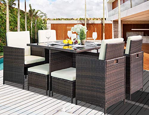 Lz Leisure Zone 7 Piece Patio Furniture Dining Set Outdoor Garden Wicker Rattan Dining Table Chairs Conversation Set Beachfront Decor