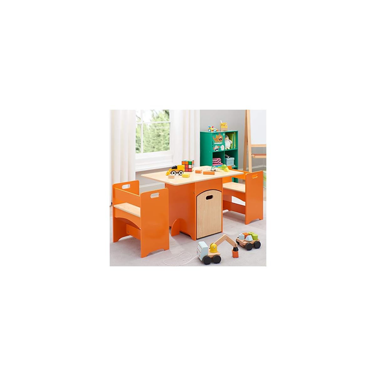 kidkraft 4pc table with primary benches and bin set