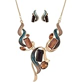 Mycitta Chunky Statement Jewelry Set Vintage Retro Leaf Flower Floral Geometric Bohemian Boho Bib Necklace Earring Set Fashion Costume Jewelry for Women Girls Wedding Party Prom Unique Gift