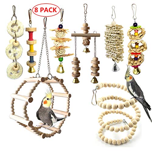 Vehomy 8 pcs Bird Parrot Toys Natural Wood Bird Swing Climbing Chewing Standing Hanging Hammock Ladder Bell Bird Cage Toys for Parrots, Parakeet, Conure, Cockatiel, Mynah, Love Birds