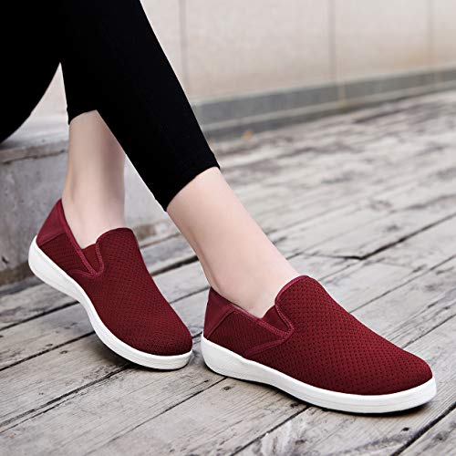 aeepd Women Fashion Trainers Slip on Shoes Walking Loafer Arch Support Comfort Breathable Antislip Wine Red