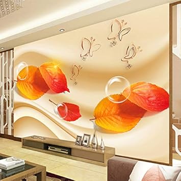 VVNASD 3D Dekorationen Aufkleber Tapete Wandbilder Wand Wohnzimmer Sofa Mode Rot Ahorn Verlässt Schmetterlingsblase Kunst Mäd