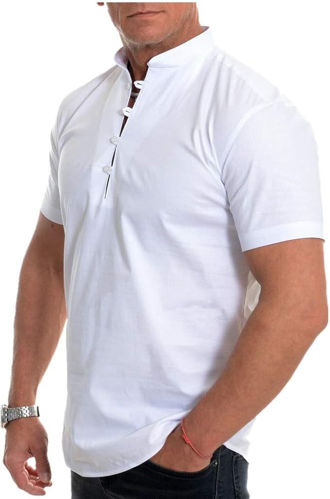 Mens Grandad Henley Short Sleeve T Shirts Lightweight Collarless Shirts