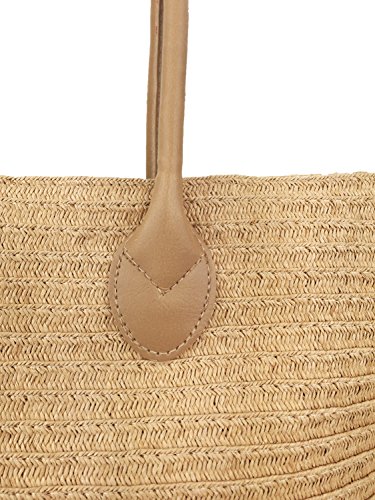 Hoxis Beach Rattan Woven Braid Pu Leather Deco Tote Women Shoulder Handbag (Brown)