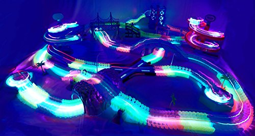 Light Up Twisting Glow In The Dark Race Tracks - Twisting Racing Track With Endless Glowing Track Possibilities - Neon Glow Twisting Tracks - Includes Tracks, Toy Car, Risers, Decals - 164pc Set