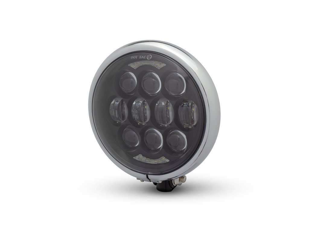 Alchemy Parts LED Projector Motorcycle Headlight - Sleek Design Compatible with Harley Davidson Sportster Dyna 883 1200 1340 1450 Models | High Low Beam and DRL | Gloss Black with Deep Chrome Bezel