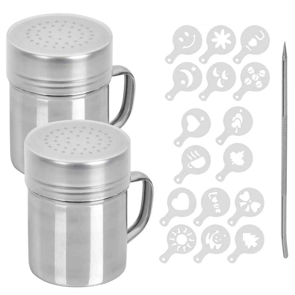 2 Pack Stainless Steel Powder Shakers Chocolate Shaker Duster Icing Sugar Shaker with Handle and Lid Coffee Cocoa Dredges Powder Shaker with 16 Coffee Stencils 1 Coffee Art Pull Pin for Drink Baking