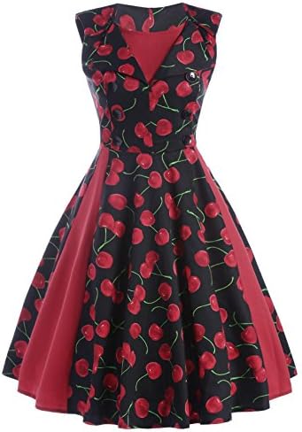 Women's Retro Floral Print Plaid Sleeveless Cocktail Vintage Swing Dress (XX-Large, Cherry)