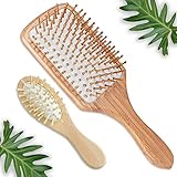 Wooden Detangling Paddle Hair Brush + FREE Mini Travel Brush - Natural Vegan Bamboo Bristle - Detangler Hairbrush for Women Men, Kids - Massage Scalp & Anti-Static Comb - Dry or Wet Hair by FunfulHome