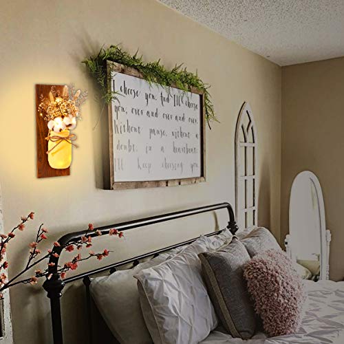 Mason Jar Sconces Wall Decor - Rustic Home Décor - Decorative Jars with Cotton Stems & Baby Breath Flower with Remote Timer LED Fairy Lights for Kitchen Wall Decor Living Room Wall Sconces Set of 2 - Thumbnail 2