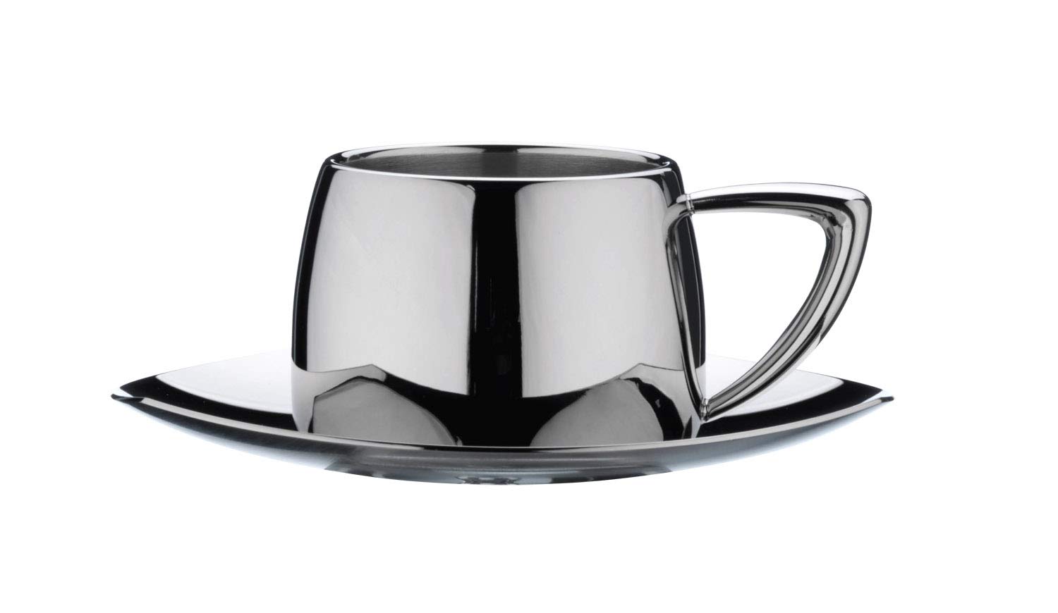 Café Stal DC-508 Art Deco 18/10 Stainless Steel Espresso Cup & Saucer with Cool Touch Hollow Handles, Mirror Polished, Silver