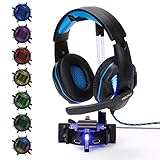 ENHANCE Gaming Headset Stand Headphone Holder with 4 Port USB Hub, Customizable LED Lighting, Flexible Acrylic Neck - Universal Hanger with Weighted Base for Desktop Audio Organization