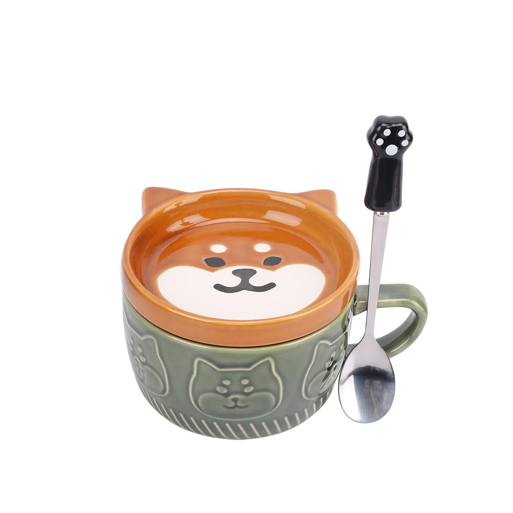 XinHuiGY Cute Dog Coffee Mug with Lid,Animal Tea Cup with Saucer Set,Kawaii Ceramic Mugs with Biscuit Holder and Spoon,Gifts for Women,Teacher,Friend,for Mothers Day,Easter,Christmas (Dog)