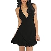 SKAYS Women's Halter Mini Vacation Dress 2025 Short V Neck Sexy Backless Going Out Club Bodycon Date Night Summer Dress