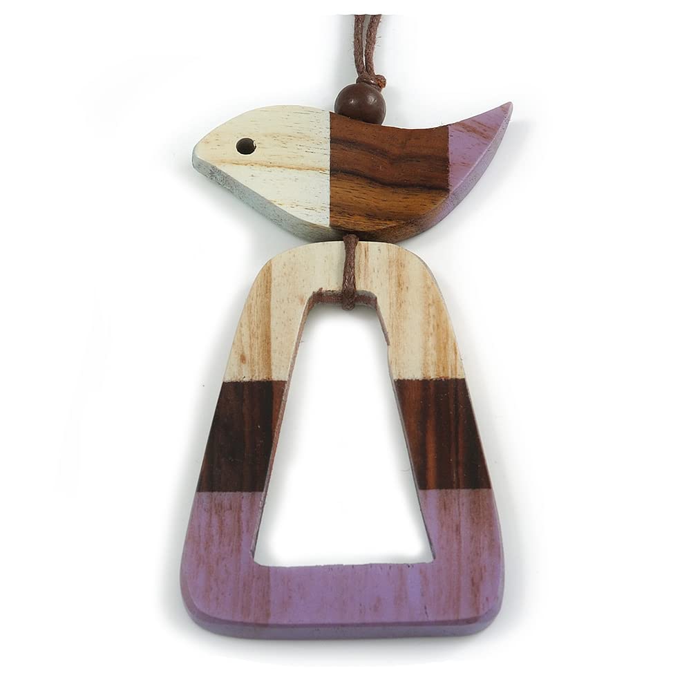 Avalaya Lilac/Brown/Antique White Bird and Triangular Wooden Pendant Brown Cotton Cord Long Necklace - 90cm L/ 11cm Pendant