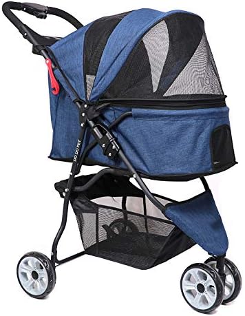 ペットカート カップホルダーストレージバスケット3車輪のあるペット旅行ベビーカー 折り畳み式の猫犬ベビーカートロリー子犬ジョガーバギー犬のキャリアの最大重量15キロ Color Blue
