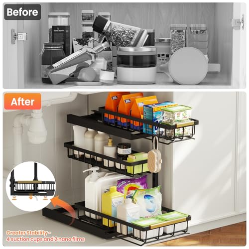 Aekenr Under Sink Organizer and Storage for Bathroom and Kitchen - 2 Pack 3 Tier Under Cabinet Pull Out Shelf Organizers - Slide Out Drawer Organization for Home Cabinets Shelves and Drawers