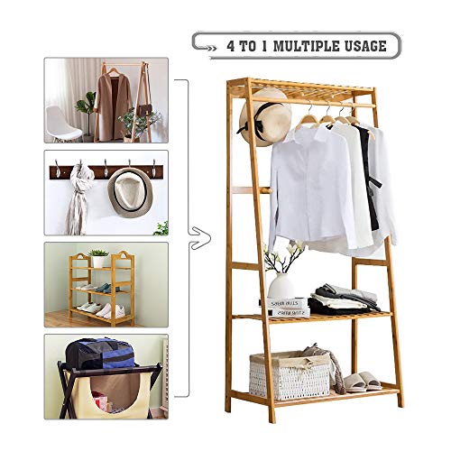 Ufine Bamboo Clothes Rack Heavy Duty Garment Rack Coat Hanging Stand with 6 Hooks, 3 Tier