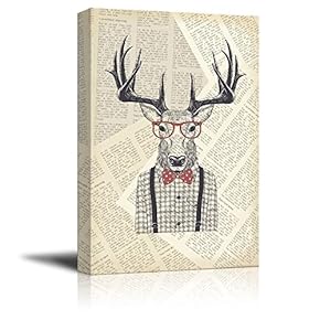 Creative Animal Figure on Vintage Paper Canvas Wall Art - Mr Elk Wearing a Checked Shirt - Giclee Print Gallery Wrap Modern Home Art Ready to Hang - 12x18 inches