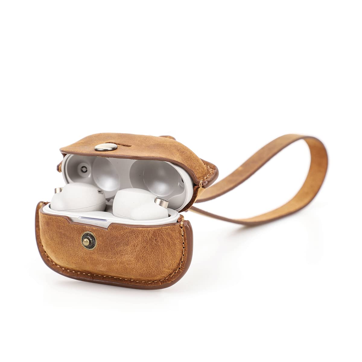 CONTACT'S FAMILY Protective Case for Sony WF-1000xm4, Portable Genuine Leather Earphones Case Compatible with Sony WF-1000xm4 with Detachable Wrist Strap(Brown)