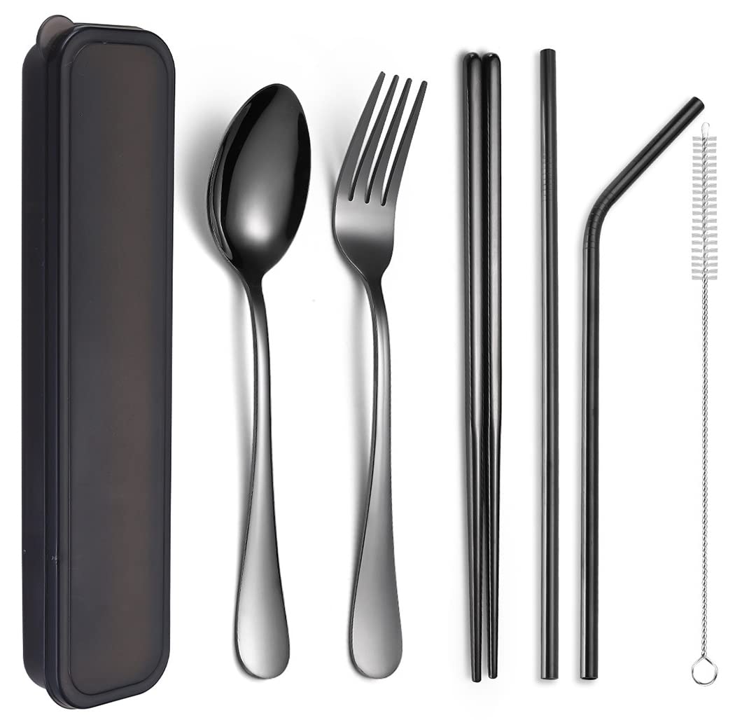 XIAOYU 6 Pieces Portable Reusable Cutlery Set, Stainless Steel Flatware Set, Travel Utensils Set, Includes Chopsticks/Fork/Spoon/Straws/Cleaning Brush, Black