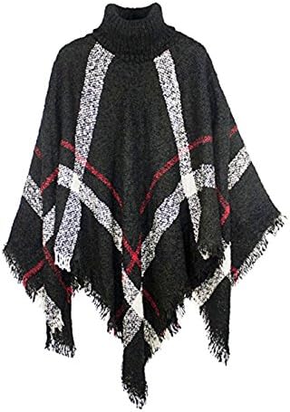 S2 SPORTSWEAR Womens Oversized Pullover Sweater Poncho Turtleneck Cape Fringed Plaid One Size (P54016) Black