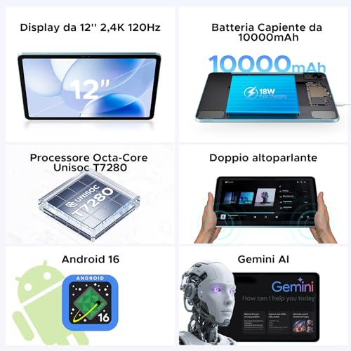 POPUX P12 Android 16 Tablet 12 Inches, T7280 Octa-Core, 48GB RAM+128GB ROM/2TB TF, IPS 2.4K Display 120 Hz, 10000 mAh, WiFi5, 8MP+13MP, Gemini AI, Tablet with Keyboard, Face ID/GPS/OTG/FM, Black
