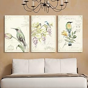 3 Panel Vintage Style Birds Flowers on Floral...