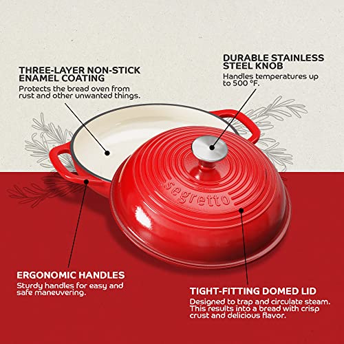 Segretto Enameled Dutch Oven for Bread Baking 11” Red Cast Iron Bread