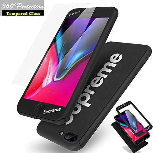 VAVCASE IPhone 8 Plus Case Ultra Thin Supreme Letter Printing Dual Layer Slim Fit Case with Tempered Glass Screen Protector for Apple (For Apple iPhone 7 Plus/iPhone 8 Plus, Black)