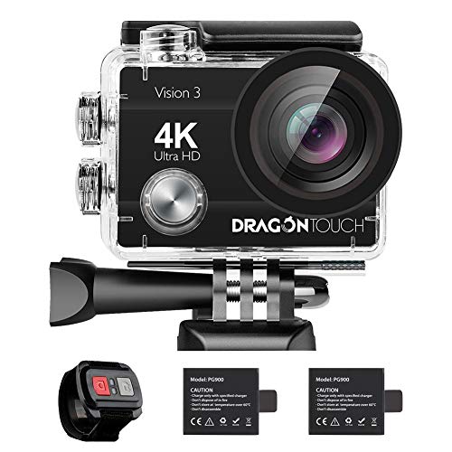 Dragon Touch 4K Action Camera Vision 3 Underwater Waterproof Camera 170° Wide Angle WiFi Sports Camera with Remote 4X Zoom 2 Batteries and Dual Charger and Mounting Accessories Kit