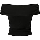 SweatyRocks Women's Off The Shoulder Short Sleeve Ruched Tops Going Out Cropped T Shirts