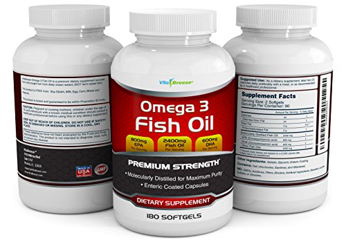 image for VitaBreeze Omega 3 Fish Oil Supplement (180 Softgels) - 2400mg Triple 