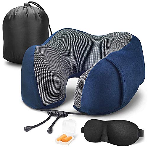 Aisprts Travel Pillow, 100 Percent Pure Memory Foam Neck Pillow, Comfortable & Breathable Cover, Machine Washable, Super Soft (Navy Blue)