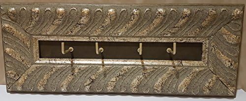 Embossed, Distressed, Antique Silver Leaf Wood Frame Moulding Key Hook with Grey Wash and Coffee Suede Insert Key Rack