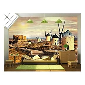 Windmills of Spain on Sunset - Removable Wall Mural | Self-Adhesive Large Wallpaper - 66x96 inches