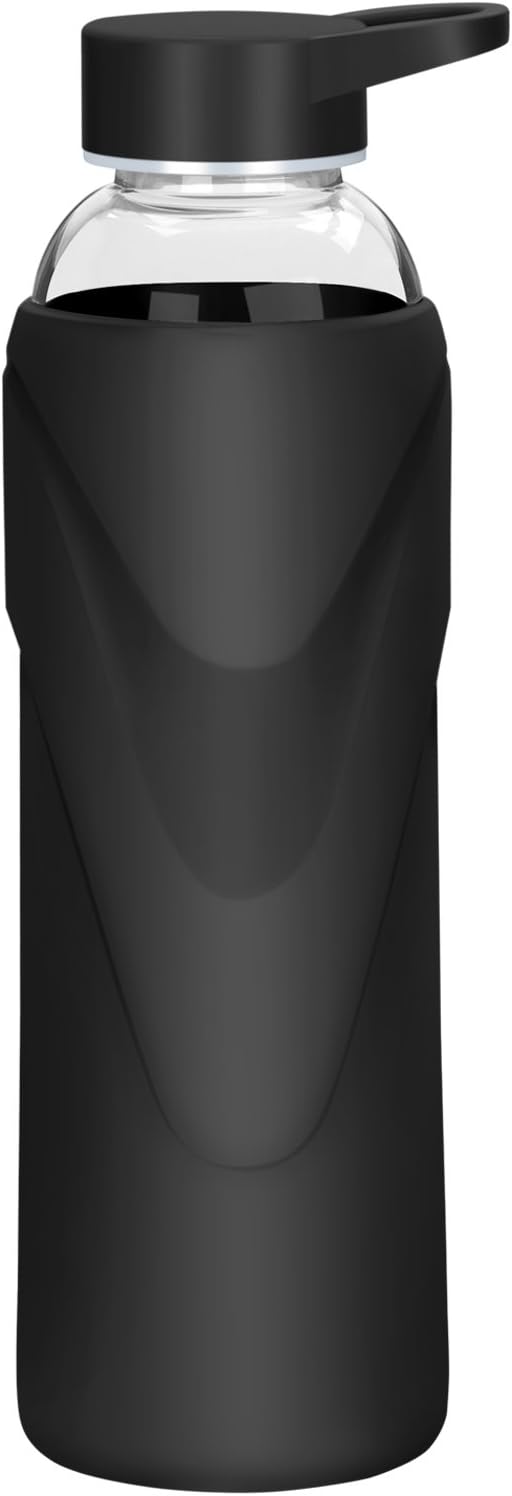 Justfwater Sports Borosilicate Glass Water Drinking Bottle with Silicone Sleeve and Leak-Proof lid, 14 oz / 22 oz / 32 oz