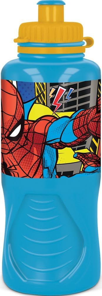 Marvel Blue Water Bottle for Kids Plastic Spiderman Spider-Man 400ml with Anti-Drip Closure and Anti-Slip Band