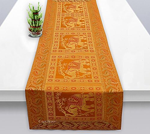 Osian Krafts Christmas Gift Mustard Yellow Gold Banarsi Brocade Silk Table Runner for Dining Table 6 & 4 Seater Elephant Centre Table Top Decor Rectangle | 60x16 Inches (152x40 cm)