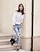 Women Vintage Sexy Cut Out Destroyed Holes Knee Ripped Jeans Denim Blue Trousers (L)
