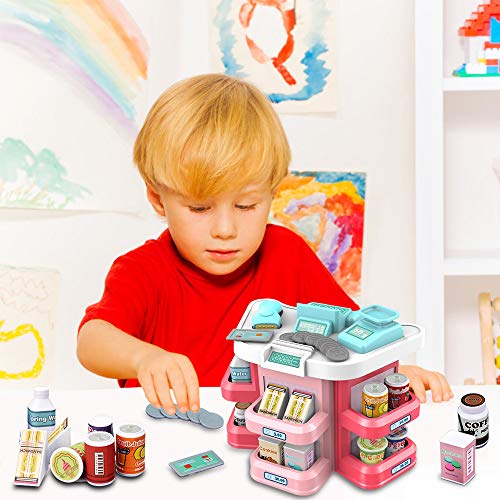 pozzolanas Pretend Play Toys,Cash Register Toys for Kids with Scanner Play Money Supermarket Grocery Toys Educational Playset Role Play Kits as Holiday Birthday Gift for Girls Boys