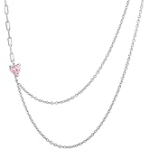 Vanbelle Sterling Silver Jewelry - Rhodium Plated with 925 Stamp - Double Layered Necklace with Sideway Pink CZ Stone for Women - Chain 16" long + 2" Extender - Valentine's Heart Necklace