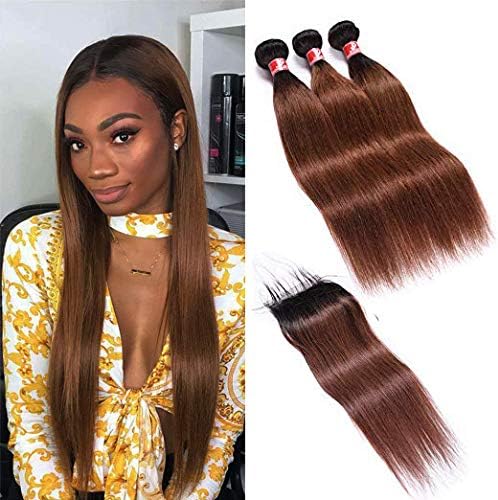 1B/30 Ombre Color Middle Brown 10A Malaysian Virgin Human Hair 3 Bundles With Lace Closure 1B/#30 Remy Straight Human Hair Weft With Closure Ombre Hair extensions(10 12 14+10, Ombre 1B/30)