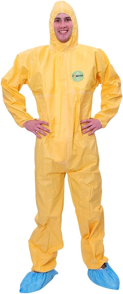 Raytex Yellow Disposable Chemical Protection Coveralls with Hood Elastic Cuffs Serged Seam Front Zipper Closure Suits for Hazardous Processing Cleaning Workwear XL