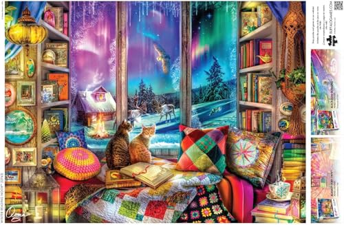 Buffalo Games - 1000 Piece Jigsaw Puzzle - Aimee Stewart - Northern Lights Cats - Winter Scene - Challenging Puzzles for Adults and Families