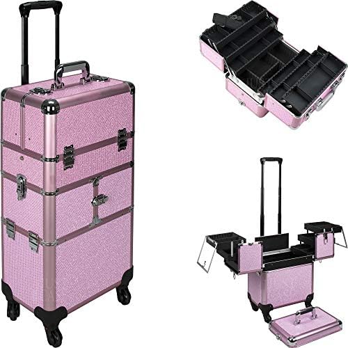 Justcase I3464 2 In 1 Professional Rolling Trolley Wheel Makeup Artist Cosmetic Nail Case Organizer Storage Extendable Trays Dividers, Krystal Pink