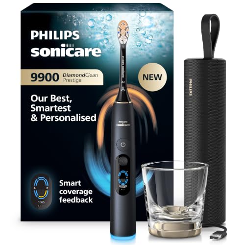 Philips Sonicare Next-Generation DiamondClean 9900 Prestige Sonic Electric Toothbrush − with SenseIQ, Smart Coverage Feedback, Smart Pressure Feedback and 24 Settings, Quartz Black, HX9813/92
