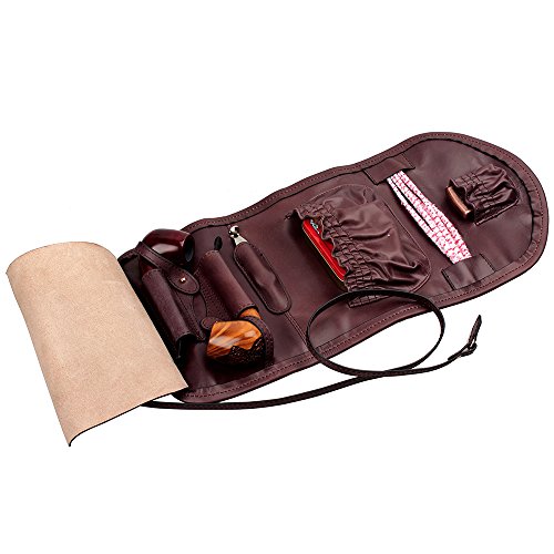 Handmade Genuine Leather Pipe Tobacco Pouch Bag Organize Case Pipe Tool Lighter Holder Pocket for 2 Pipe Vintage Unisex (Dark Brown)