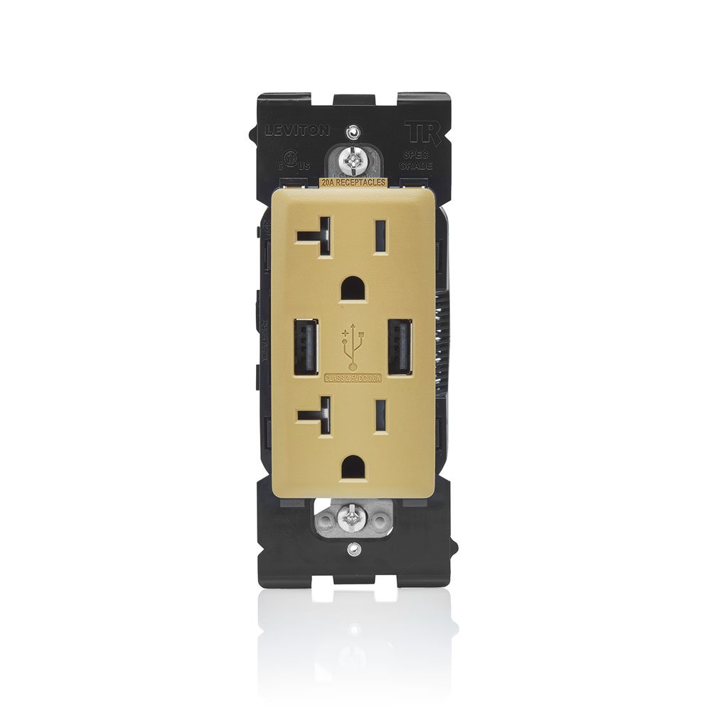 Leviton RUAA2-WC Renu USB Charger/Tamper-Resistant Duplex Outlet, 20A-125VAC, Warm Caramel
