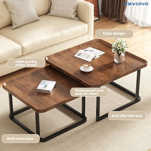 DAYONG Square Coffee Table Set of 2, End Table Set, Modern Side Tables, Nesting Table For Living Rooom Bedroom Office Dormitory Small Household Balcony Yard (Walnut)
